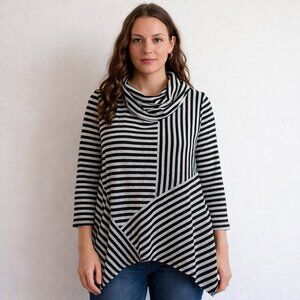 Premise Studio Top size M Black Striped Long Sleeve Asymmetric Hem Cowl Neck